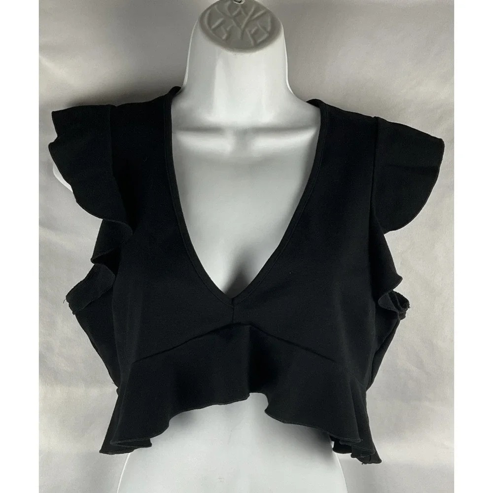 Free People Intimately Free Size L Black Ruffle V Neck Crop Top